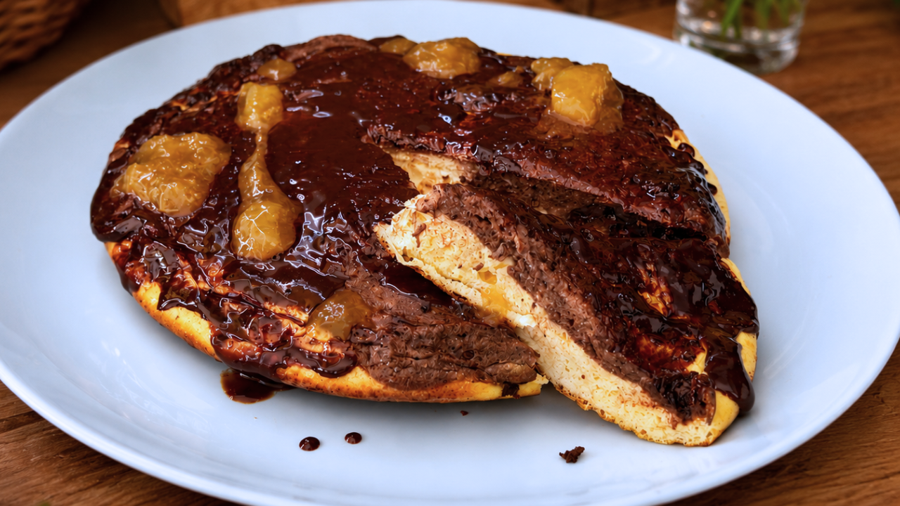 Kremowe sernikobrownie z patelni z kakaową warstwą, gorzką czekoladą i domową konfiturą.